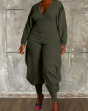 Solid Color Women V-neck Long Sleeve Jumpsuit S-3XL
