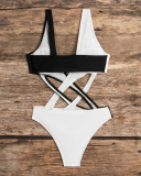 Colorblock Hollow Out Criss Cross Sexy V-neck One-piece Swimsuit Black White S-XL