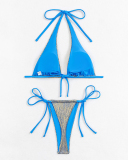 Women Halter V Neck Striped Tie Side String Bikini Two-piece Swimsuit Gold Blue Pink S-XL