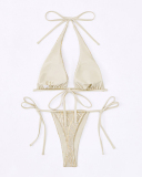Women Halter V Neck Striped Tie Side String Bikini Two-piece Swimsuit Gold Blue Pink S-XL