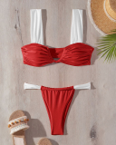 Women Sexy Deep V Neck Ruched Strappy Two-piece Swimsuit Swim Bikinis Red Purple Orange S-XL
