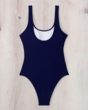 Colorblock High Waist Fashion Women One-piece Swimsuit Swimwear Navy Blue S-XL