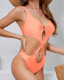 Criss Cross Ring High Waist Backless One-piece Swimsuit Green Black Royal Blue Red Pink S-XL
