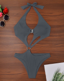 Hot Sale Ring Strappy Sexy High Waist Woman One-piece Swimsuit Red Pink Orange Deep Gray Blue S-XL