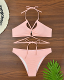 Women Strappy Neck Nylon Tight Bikinis Two-piece Swimsuit Green Pink Blue S-XL