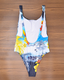 Summer Women U Neck Backless Beach Printed High Waist One-piece Swimsuit S-XL