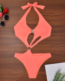 Hot Sale Ring Strappy Sexy High Waist Woman One-piece Swimsuit Red Pink Orange Deep Gray Blue S-XL