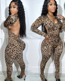 Long Sleeve Leopard Printed Open Back Jumpsuit S-2XL