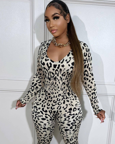 Long Sleeve Leopard Printed Open Back Jumpsuit S-2XL