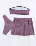 Women Shining Sequin Tube Top Skirts Three-piece Swimsuit Purple S-L