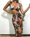 Women Ruffles Strappy Florals Printed Boho Three-piece Swimsuit S-XL