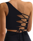 Irregular One Shoulder Back Strappy Fashion Sports Yoga Bra Blue Brick Red Beige White Black S-L