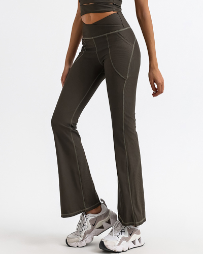 Woman High Waist High Elastic Wide Leg Sports Yoga Pants With Pocket Gray Green Blue S-L