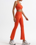 Women One Shoulder Strappy Hollow Out High Waist Wide Leg Pants Yoga Two-piece Sets Orange Khaki White Black S-L
