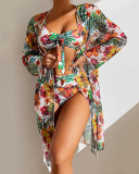 Women Long Sleeve Florals Printed Long Cover High Waist Three-piece Swimsuit S-L