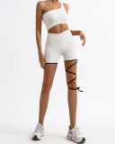 Fitness Strappy One Shoulder High Waist Training Yoga Two Pieces Set Shorts Sets Blue Red Black White Beige S-L