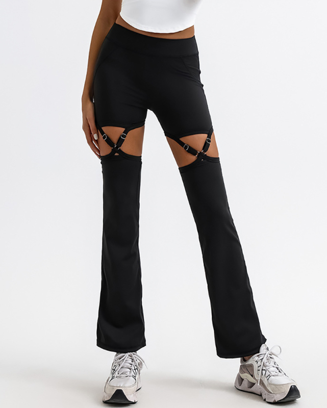 Hollow Out Trendy Wide Leg Running High Waist Women Yoga Pants Brown Black Green S-L