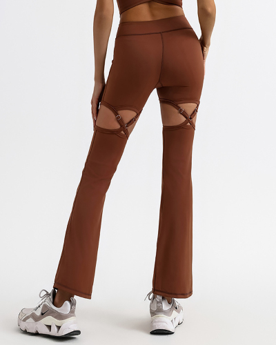 Hollow Out Trendy Wide Leg Running High Waist Women Yoga Pants Brown Black Green S-L