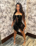 Fashion Sleeveless Silver Patchwork Irregular Sexy Party Women  Mini Dresses Black Silver S-2XL