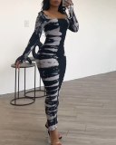 Women Long Sleeve O Neck Printed Tight Maxi Casual Dresses Black Blue Brown S-3XL
