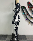 Women Square Neck Long Sleeve High Waist Slim Pants Sets Two Pieces Outfit Black S-3XL