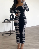 Women Long Sleeve O Neck Printed Tight Maxi Casual Dresses Black Blue Brown S-3XL