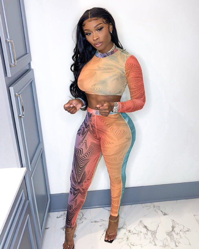 Women Long Sleeve O Neck Colorful Printing Pants Sets Two Pieces Outfit S-2XL