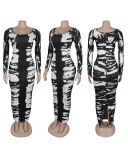 Women Long Sleeve O Neck Printed Tight Maxi Casual Dresses Black Blue Brown S-3XL