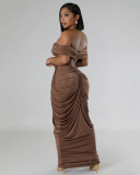 Hot Sale Women Off Shoulder V Neck Ruched  Skirt Sets Two Pieces Outfit Black Coffee Red S-3XL