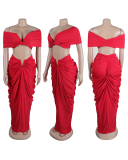 Hot Sale Women Off Shoulder V Neck Ruched  Skirt Sets Two Pieces Outfit Black Coffee Red S-3XL