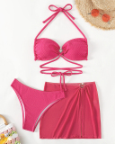 Hot Sale Halter Neck O Ring Backless High Waist Skirt Three-piece Swimsuit Rosy XS-L