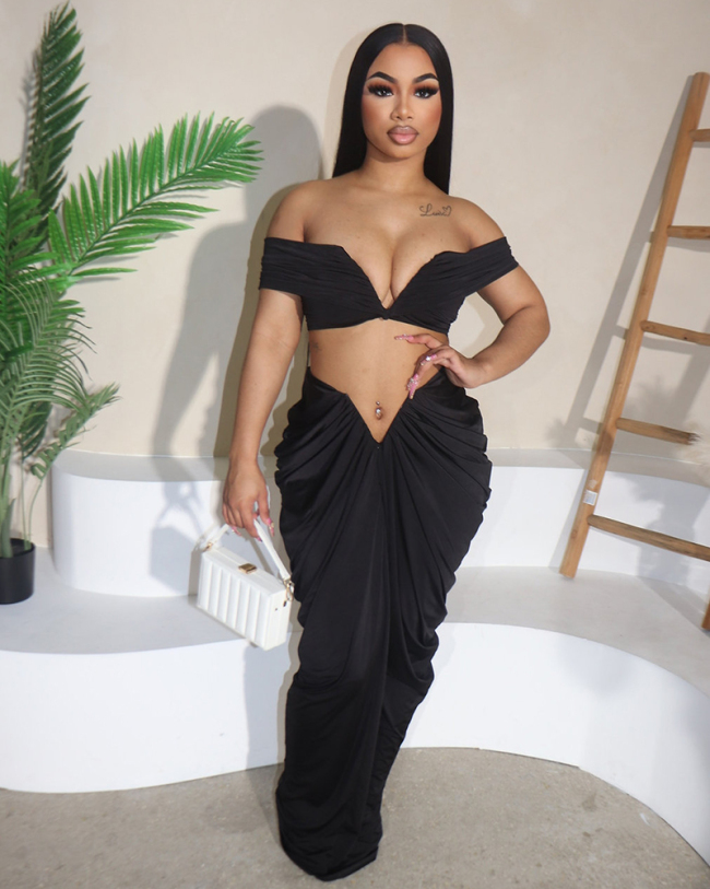 Hot Sale Women Off Shoulder V Neck Ruched  Skirt Sets Two Pieces Outfit Black Coffee Red S-3XL
