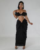 Hot Sale Women Off Shoulder V Neck Ruched  Skirt Sets Two Pieces Outfit Black Coffee Red S-3XL