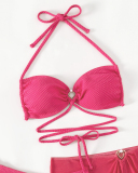 Hot Sale Halter Neck O Ring Backless High Waist Skirt Three-piece Swimsuit Rosy XS-L