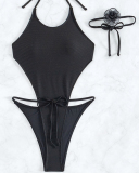 Women Halter Neck 3D Neck Rose High Cut Backless One-piece Swimsuit Black XS-L