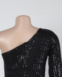 Elegant Sequin Women One Sleeve Irregular Ruffles Maxi Evening Dress Black Red Blue Green S-2XL