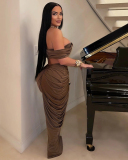 Hot Sale Women Off Shoulder V Neck Ruched  Skirt Sets Two Pieces Outfit Black Coffee Red S-3XL