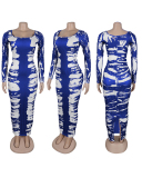 Women Long Sleeve O Neck Printed Tight Maxi Casual Dresses Black Blue Brown S-3XL