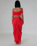 Hot Sale Women Off Shoulder V Neck Ruched  Skirt Sets Two Pieces Outfit Black Coffee Red S-3XL