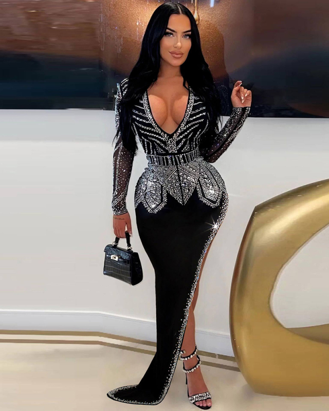 Women V Neck Long Sleeve Rhinestone Irregular Evening Dress Black S-3XL