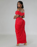Hot Sale Women Off Shoulder V Neck Ruched  Skirt Sets Two Pieces Outfit Black Coffee Red S-3XL