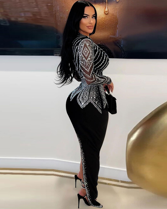 Women V Neck Long Sleeve Rhinestone Irregular Evening Dress Black S-3XL