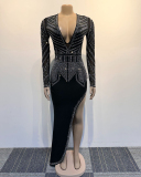 Women V Neck Long Sleeve Rhinestone Irregular Evening Dress Black S-3XL