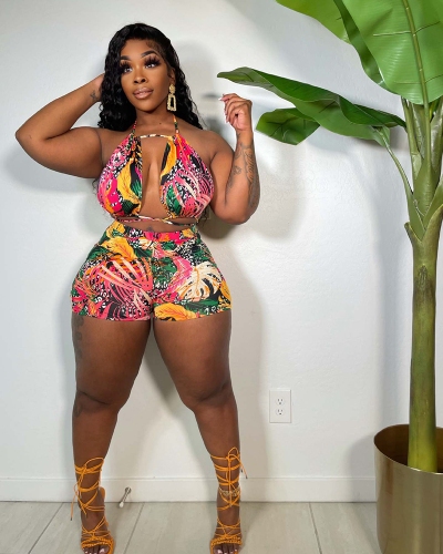 Women Hollow Out High Waist Printed Sleeveless Strappy Short Sets Two Pieces Outfit Red Blue S-5XL