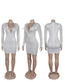 Women Elegant Sequin Feather V Neck Mesh Long Sleeve Mini Evening Dress Black White S-2XL