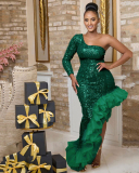 Elegant Sequin Women One Sleeve Irregular Ruffles Maxi Evening Dress Black Red Blue Green S-2XL
