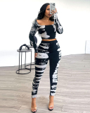 Women Square Neck Long Sleeve High Waist Slim Pants Sets Two Pieces Outfit Black S-3XL
