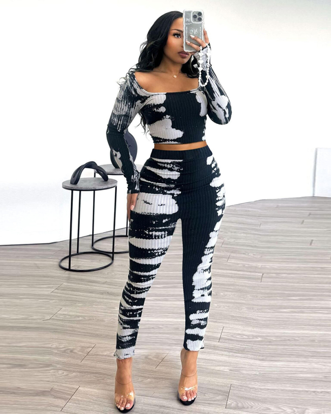 Women Square Neck Long Sleeve High Waist Slim Pants Sets Two Pieces Outfit Black S-3XL