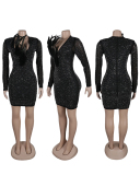 Women Elegant Sequin Feather V Neck Mesh Long Sleeve Mini Evening Dress Black White S-2XL