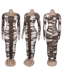 Women Long Sleeve O Neck Printed Tight Maxi Casual Dresses Black Blue Brown S-3XL